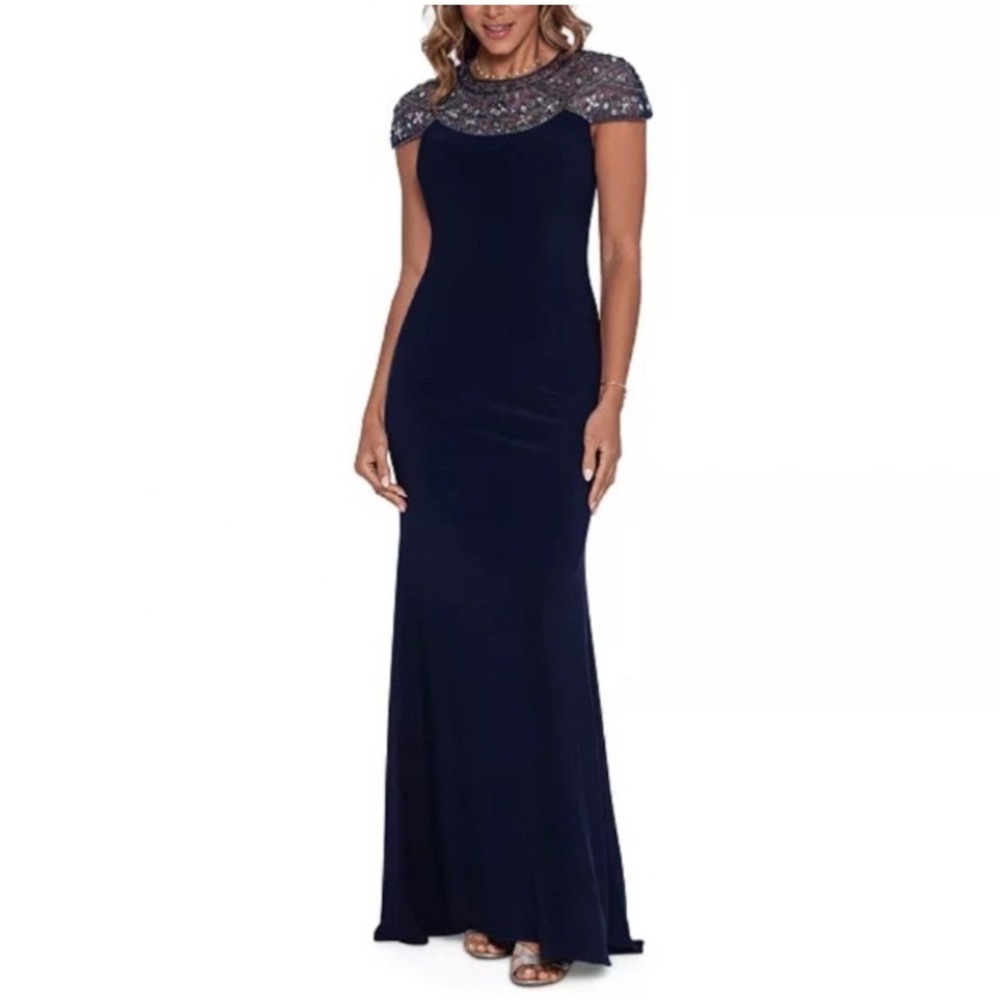 Betsy Adam Beaded Yoke Cap Sleeve Navy‎ Blue Formal Gown Sz 4